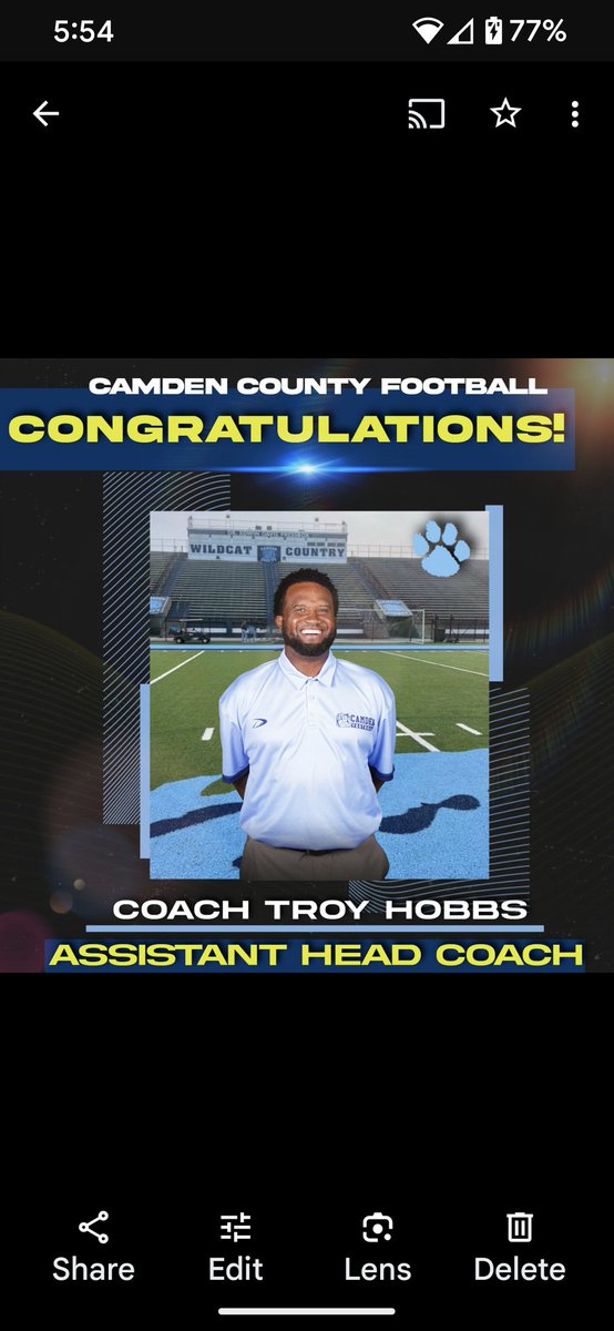 Congratulations to Coach Troy Hobbs for being named Camden County High School Assistant Head Football Coach. Well deserved! @COACH217ROLAND