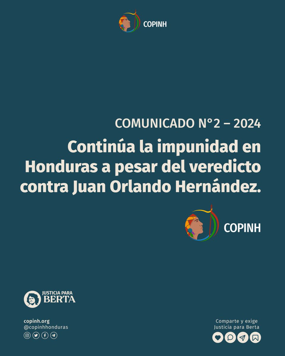 📰Comunicado | Continúa la impunidad en Honduras a pesar del veredicto contra Juan Orlando Hernández.

➡️A pesar de la sentencia contra JOH, en Honduras continúa vigente toda la institucionalidad y estructuras criminales del régimen que lideró durante años.