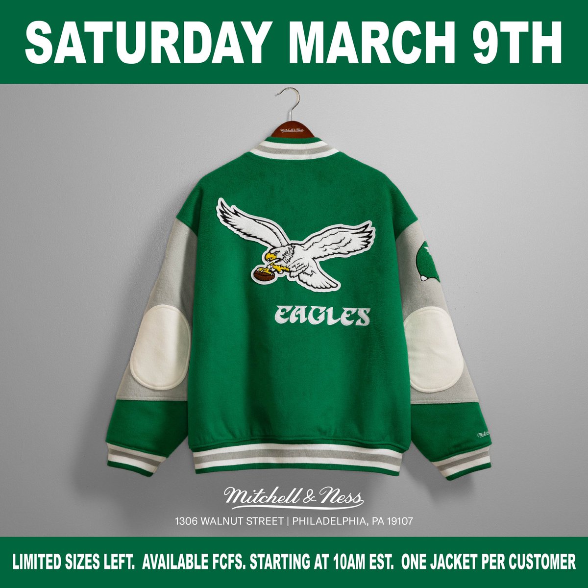 Last chance for Royalty 👑💚🦅 LIMITED quantities of the Eagles Varsity Jacket will be available at The Mitchell & Ness Flagship Store tomorrow at 10AM EST. *FCFS. 1 Jacket limit per customer. Sizes: XS through 4XL. In-Store purchase only. All sales are FINAL.