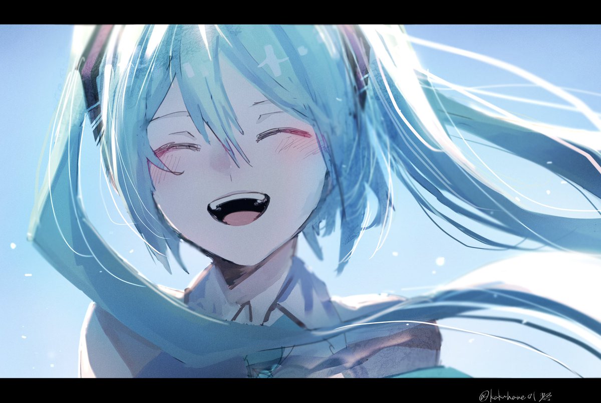 hatsune miku 1girl solo twintails letterboxed closed eyes smile long hair  illustration images