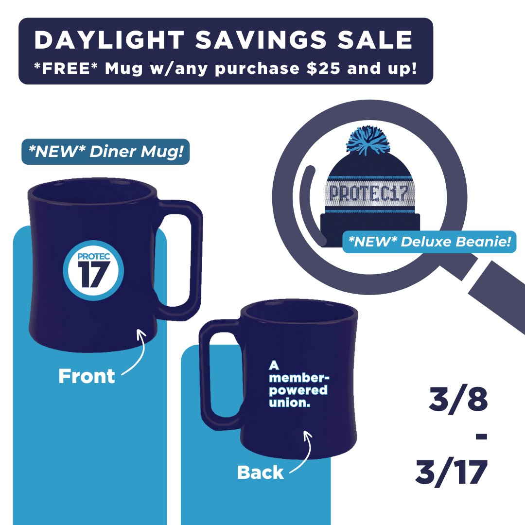 ⏰ NEW #UNIONSWAG ALERT ‼️

Daylight savings is hard 😔 use our *NEW* diner mug for your caffeine purposes  (protec17.myshopify.com). From now through March 17 at 11:59 p.m. ALL orders $25 and up come w/a FREE mug! P.S. Our new deluxe beanie might help with that $25 threshold 😌