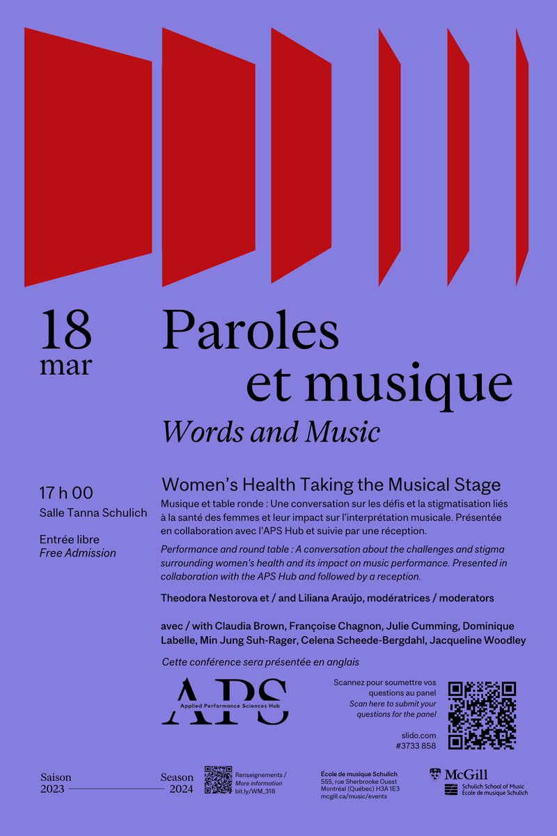 On #IWD24, I'm pleased to announce 'Words and Music: Women's Health Taking the Musical Stage', a conversation between music, health and science professionals about challenges and stigma surrounding women's health in music performance. @TNestorova @APSHub_mcgill @schulichmusic