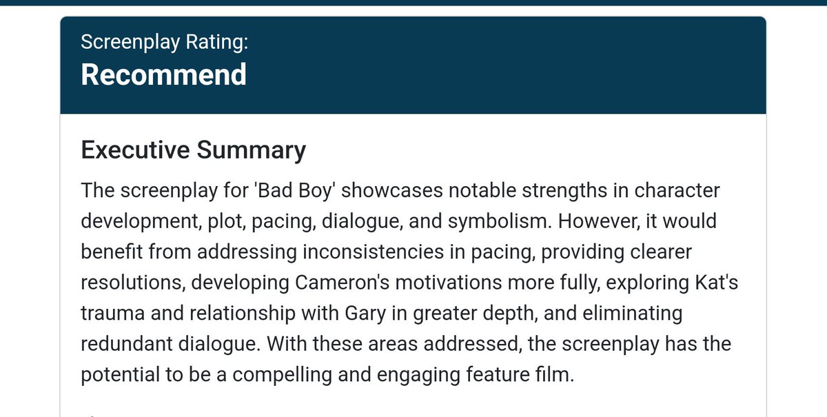 ScriptReaderAI's tweet image. buff.ly/43czxVm
Top of Black list Bad Boy analyzed. Read the script and analysis. #screenwriting #AI #blacklist