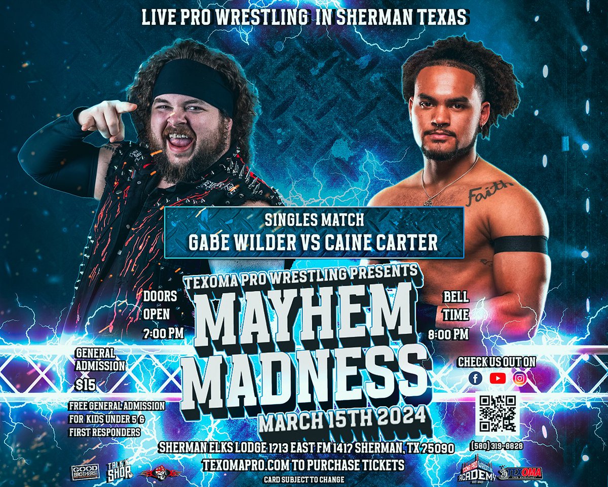 The tag team feud continues as #KOA member Caine Carter takes on #RockAndRugged member Gabe Wilder! 🔷️ Sherman Elks Lodge #2280 ️🔷️ Friday, March 15th 🔷️ Doors open at 7pm, Bell time is 8pm 🔷️ tickets $15 Texomapro.com