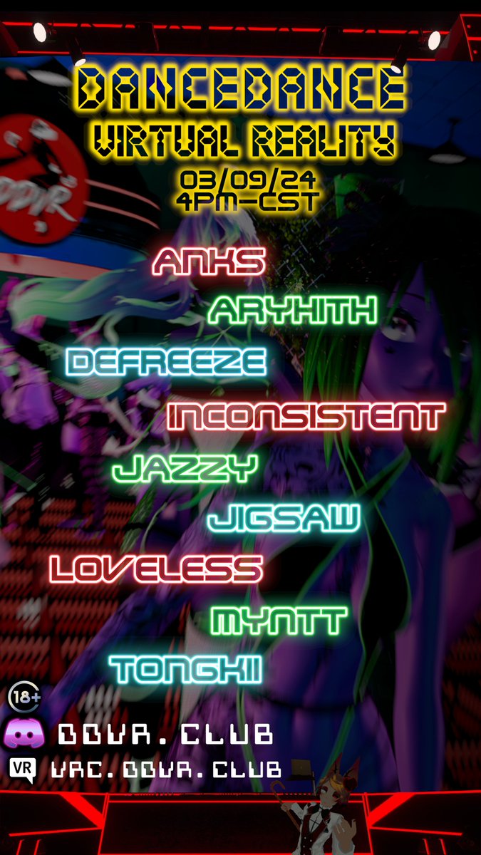 DDVR Saturday Night! Starting at 4 PM CST - 3/8/24 Featuring DJs: @anksonscreen @Aryhith @TheDeFreeze @incoTHEdrinco @SenpaiJazzy @JigsawTheDJ @DJLovles @TongkiiVR @MynttieCassie Discord: ddvr.club | VRCGroups: vrc.ddvr.club