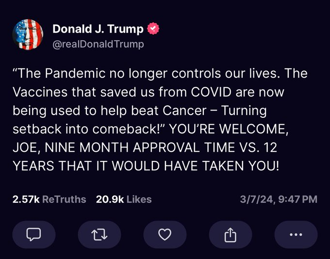 I voted for Trump in the Texas primaries. But thanks to this post from Trump's account, I am seriously reconsidering whether I can vote for him in the general election. If Trump is so tone deaf that he has no idea 90+% of his base is now REJECTING the vaccine narrative, what else