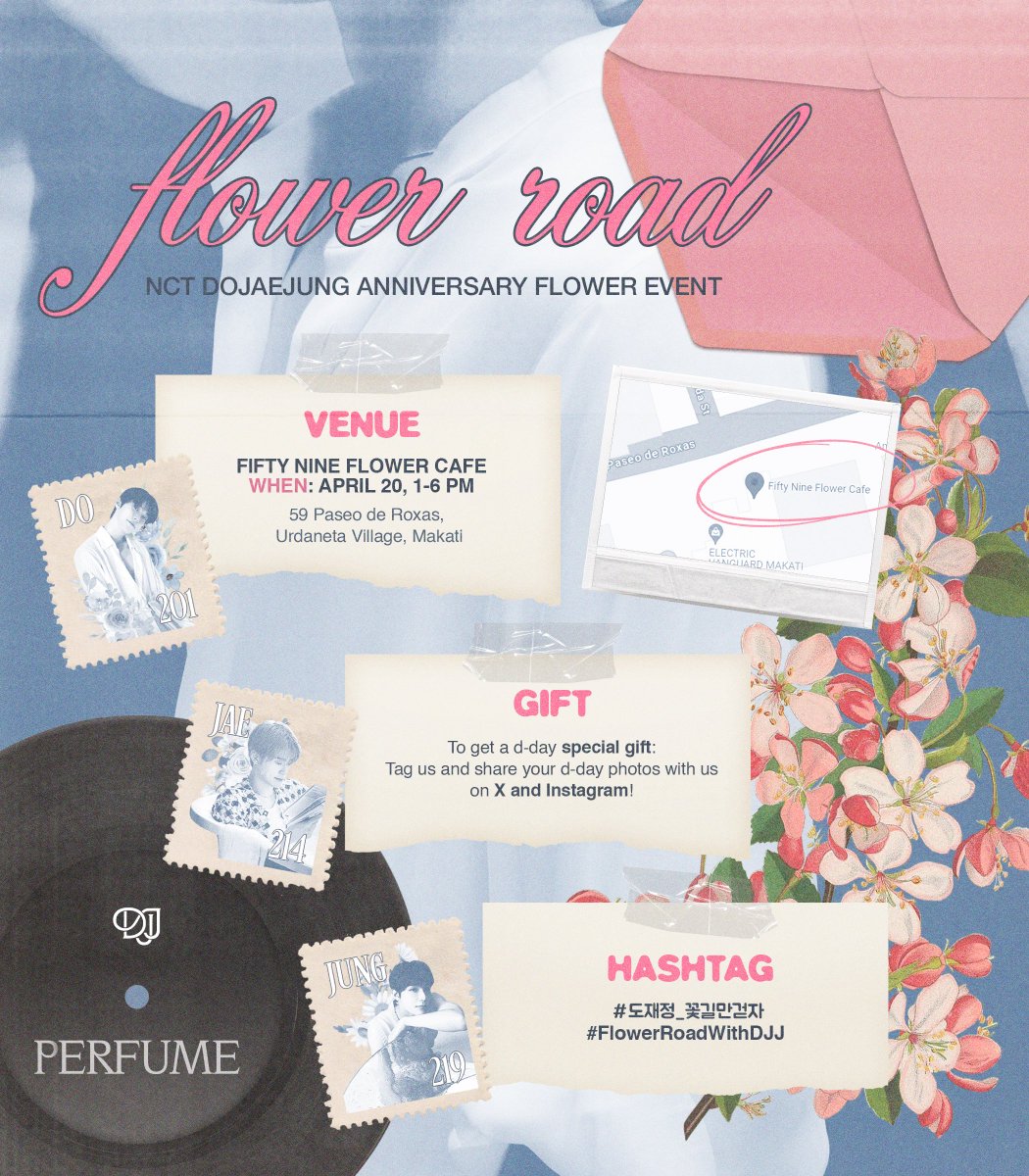 flowerroad417's tweet photo. flower road: NCT DOJAEJUNG debut anniversary flower event

🌸 april 20, 2024 | 1-6PM
💐 fifty nine flower cafe, makati

one lucky person to RT + follow will be given special gifts on d-day. 

#도재정_꽃길만걷자 #FlowerRoadWithDJJ https://t.co/x5uOBuO2i4