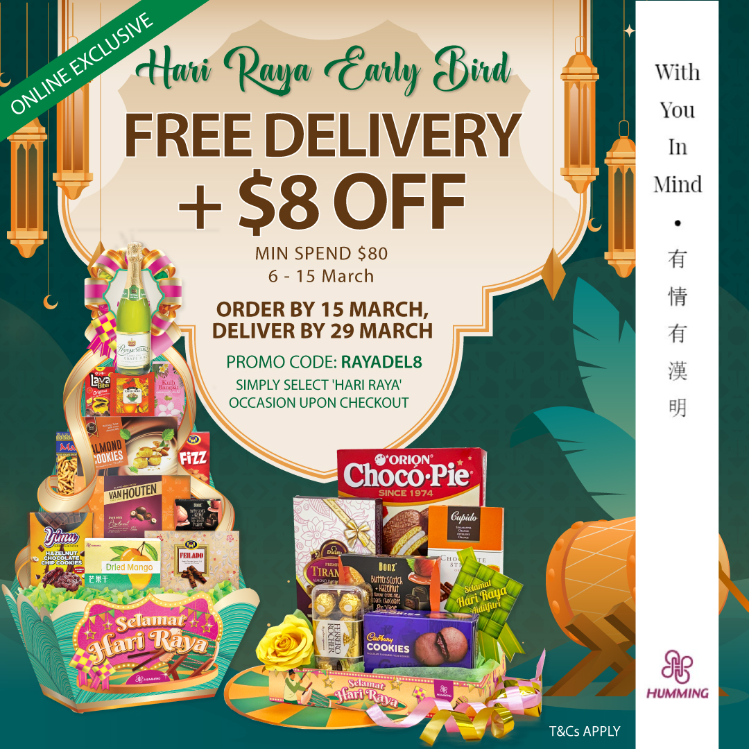 HummingFlowers's tweet image. Spread laughter and share festive treats early this Hari Raya season with FREE DELIVERY &amp;amp; $8 OFF for 1 week exclusively, when you order by 15 March and deliver by 29 March! 🥳 Shop now: bit.ly/hfgHR2024

#HummingFlowersAndGifts #有情有漢明  #WithYouInMind #HariRaya
