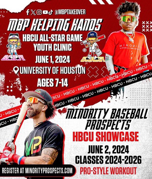 Minority Prospects HBCU Weekend in HOUSTON 

Friday - May 31 <a href="/MSPtakeover/">Minority Softball Prospects</a> HBCU All-Star Game 
Saturday - June 1 <a href="/MBPTakeover/">Minority Baseball Prospects</a> HBCU All-Star Game

Homerun Derby, Kids Clinic, Fastest HBCU Prospect, HBCU Showcase 

⬇️⬇️⬇️⬇️⬇️⬇️⬇️⬇️

MPHBCUWeekend.com