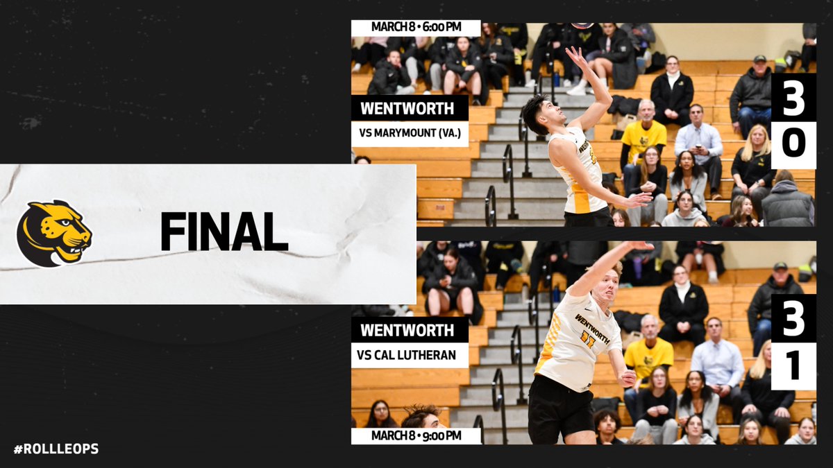 #1 Men's Volleyball Bests #18 Marymount, #6 Cal Lutheran to Open Cal-Lu-Fornia Classic 

Recap:  wentworthathletics.com/x/vdptc
Box:  wentworthathletics.com/x/a4d3i
Box:  wentworthathletics.com/x/qd2ah