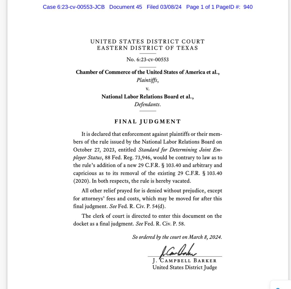 🚨 the <a href="/NLRB/">NLRB</a> #jointemployer rule has been vacated by a federal judge in the challenge to the rule filed by <a href="/Franchising411/">IFA</a> <a href="/USChamber/">U.S. Chamber</a>. A landmark victory for #franchising!