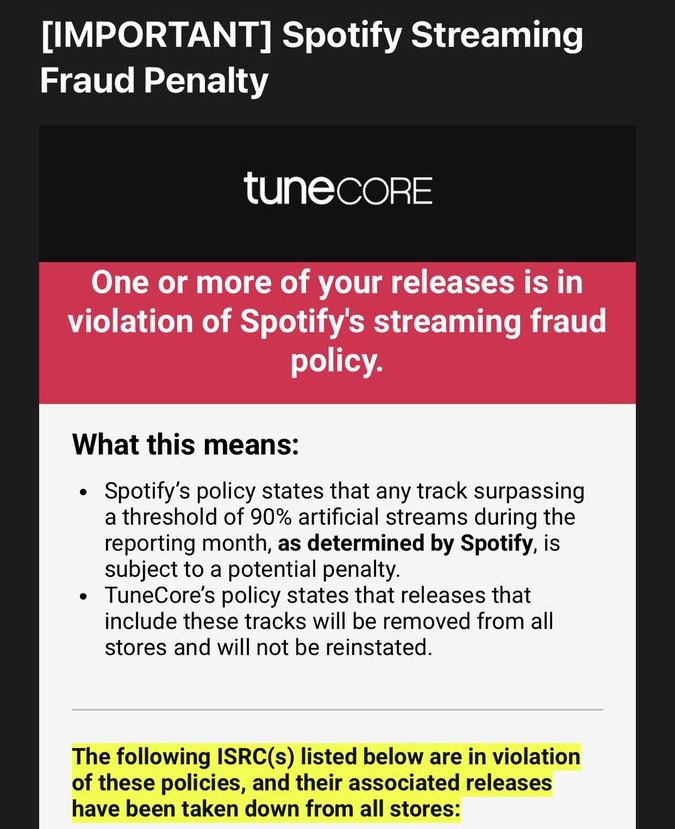 DsawGoyi's tweet photo. 🚨 bloodbath has begun 🚨
after distrokid, tunecore actively permanently removing songs from all DSPs due to spotify's new regime
this is just the beginning
brace for seismic impact
#spotified https://t.co/JJ0jUqkUnU