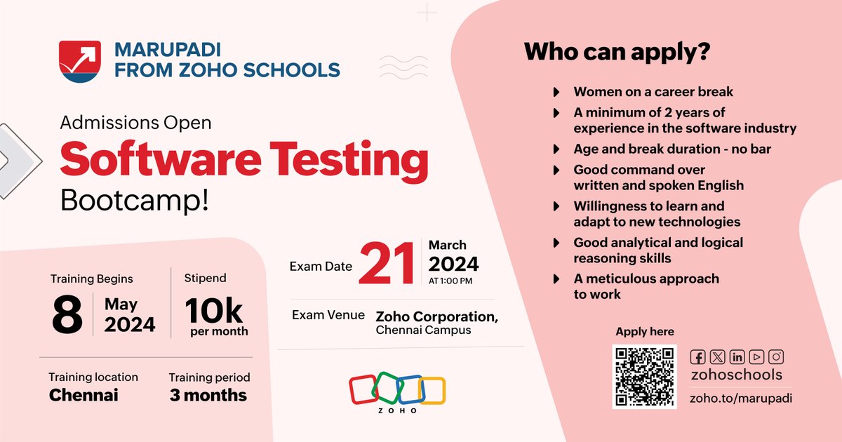 Ready to restart your #SoftwareTesting career?

Join #Marupadi, ZohoSchools' renowned 3-month training program empowering #women on #careerbreaks. Gain specialized skills in software testing and confidently re-enter the workforce.
Apply today: zohoschools.com/marupadi
#zohoschools