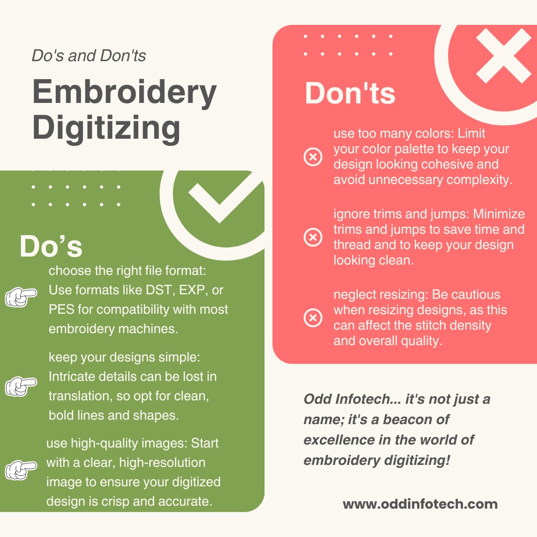 Embroidery digitizing can be magical! But before you dive in, here are some do's and dont's to keep your stitches smooth and your designs popping! 💫

 #EmbroideryTips #DigitizingDosAndDonts