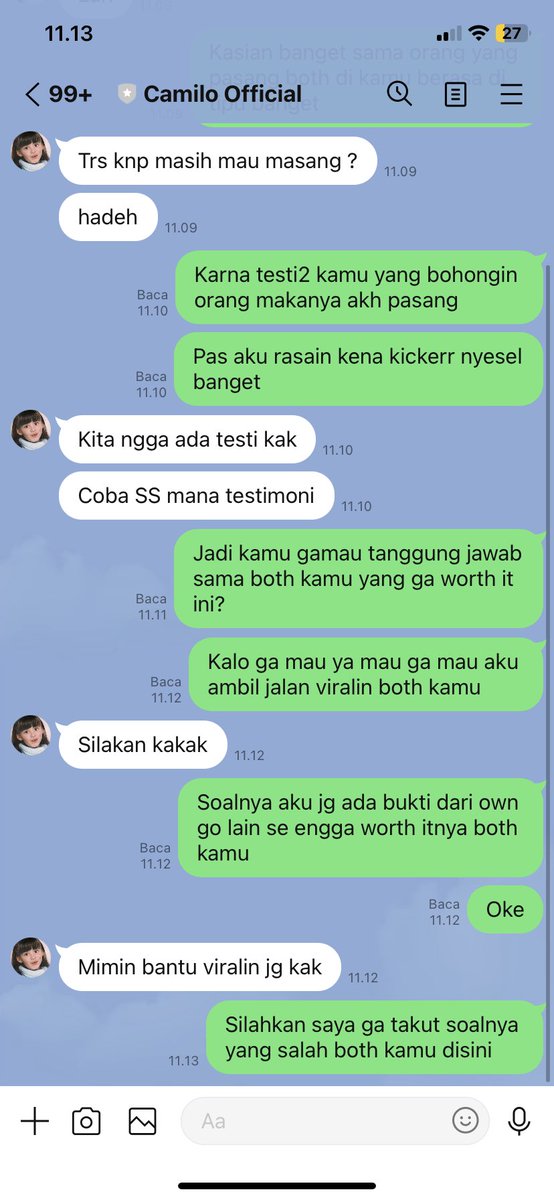 HELP RT‼️

MAAF BANGET TAPI AKU UDA GEDEG SAMA BOTH GA BERTANGGUNG JAWAB INI  NAMANYA ”CAMILO OFFICIAL” PLISS KALIAN KALO MAU ORDER BOT BUAT GO JANGAN DIDIA KARNA AKU BERASA KETIPU BANGET BELI BOTH ANTI KICKER DIDIA MAHAL BANGET 80K/5 BOTH PADAHAL YANG BOTH NYA GERAK CUMA 1~