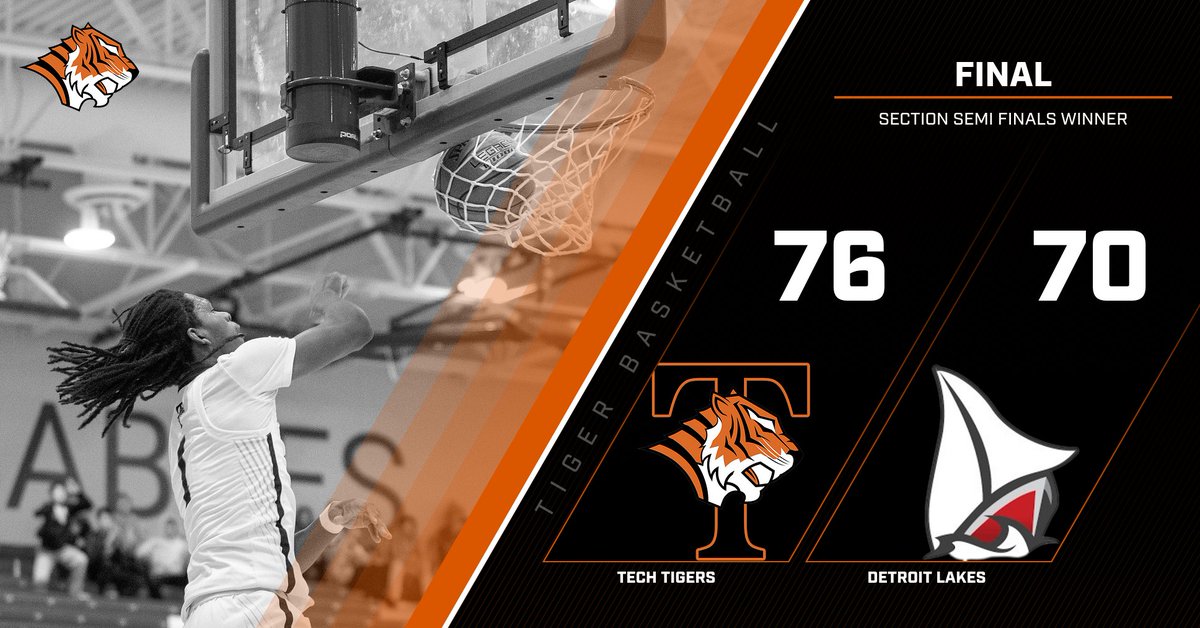 🔥Final: The Tech Tigers knock off a sharp shooting #2 seed Detroit Lakes🏀

Next stop for the Tigers Section Finals for the 3rd year in a row.

Jaden Harris 6 Assist, 10Reb
<a href="/Tameronferguson/">Tameron Ferguson</a> - 43pts, 
Mekhi Edwards - 18pts

#NobodyButUs | #UnleashTheTigers