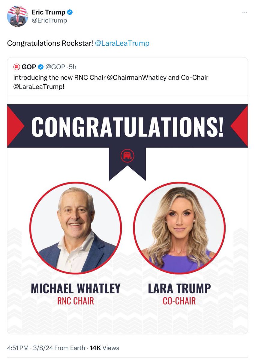 Congratulations @chairmanwhatley @LaraLeaTrump