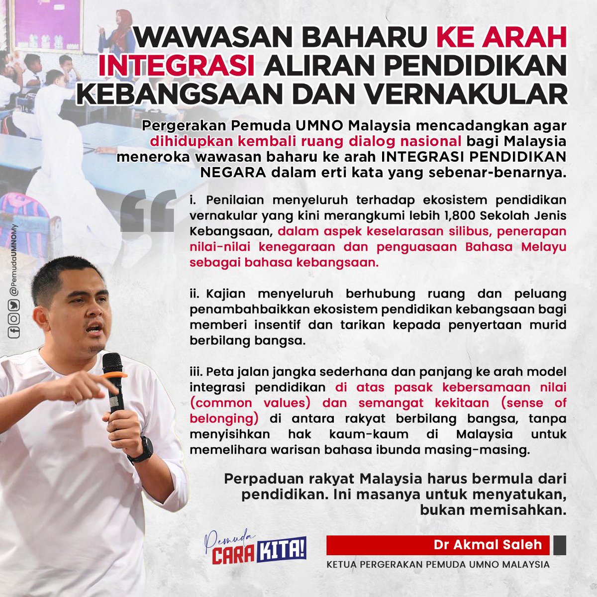 Pemuda UMNO My ๐ฒ๐พ (@pemudaumnomy) on Twitter photo WAWASAN BAHARU KE ARAH INTEGRASI ALIRAN PENDIDIKAN KEBANGSAAN DAN VERNAKULAR
โPerpaduan rakyat Malaysia harus bermula dari pendidikan. Ini masanya untuk menyatukan, bukan memisahkan.โ โ <a href="/drakmalsaleh/">drakmalsaleh</a>
Baca penuh di FB โ facebook.com/share/p/2CrYZPโฆ WAWASAN BAHARU KE ARAH INTEGRASI ALIRAN PENDIDIKAN KEBANGSAAN DAN VERNAKULAR
โPerpaduan rakyat Malaysia harus bermula dari pendidikan. Ini masanya untuk menyatukan, bukan memisahkan.โ โ <a href="/drakmalsaleh/">drakmalsaleh</a>
Baca penuh di FB โ facebook.com/share/p/2CrYZPโฆ