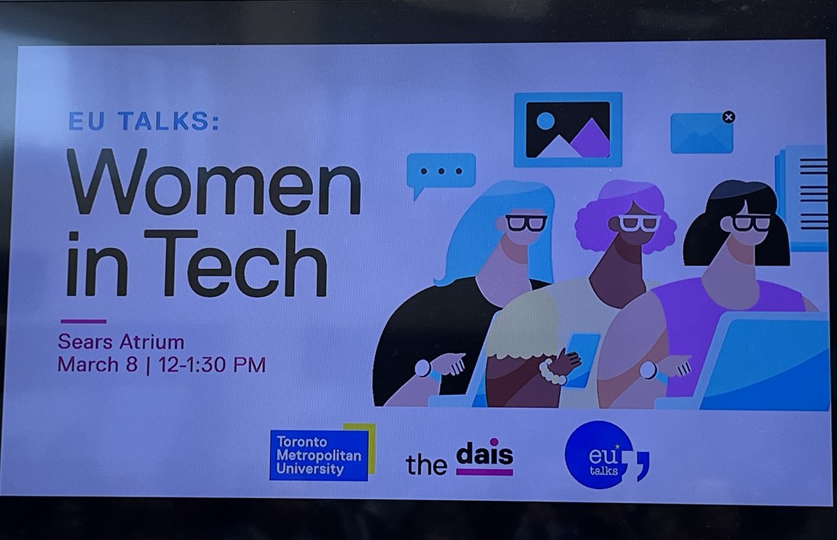 HarmaninToronto's tweet photo. "Women are over mentored and under sponsored. Mentoring is speaking with you; sponsoring is speaking about you."

Today's discussion on Women &amp; Tech, organized by TMU, Dais and EU🇪🇺Talks, shows that yes, we still need international women's day.

Great panelists (&amp; pizza) at TMU! https://t.co/1DZ1mZQTJf