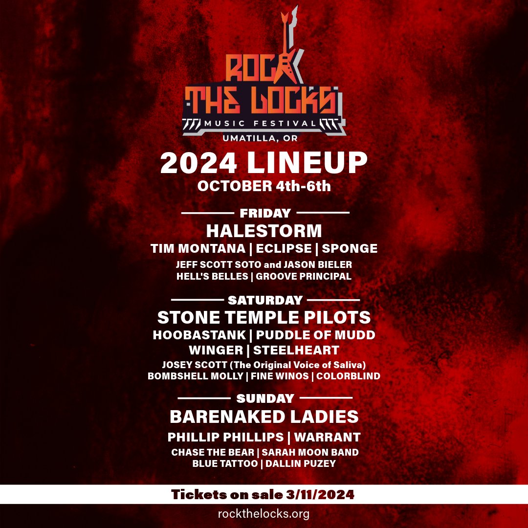 We'll see you at Rock the Locks 2024 on Saturday, October 5th in Umatilla, OR! Passes go on sale Monday, March 11th at 10am at rockthelocks.org.