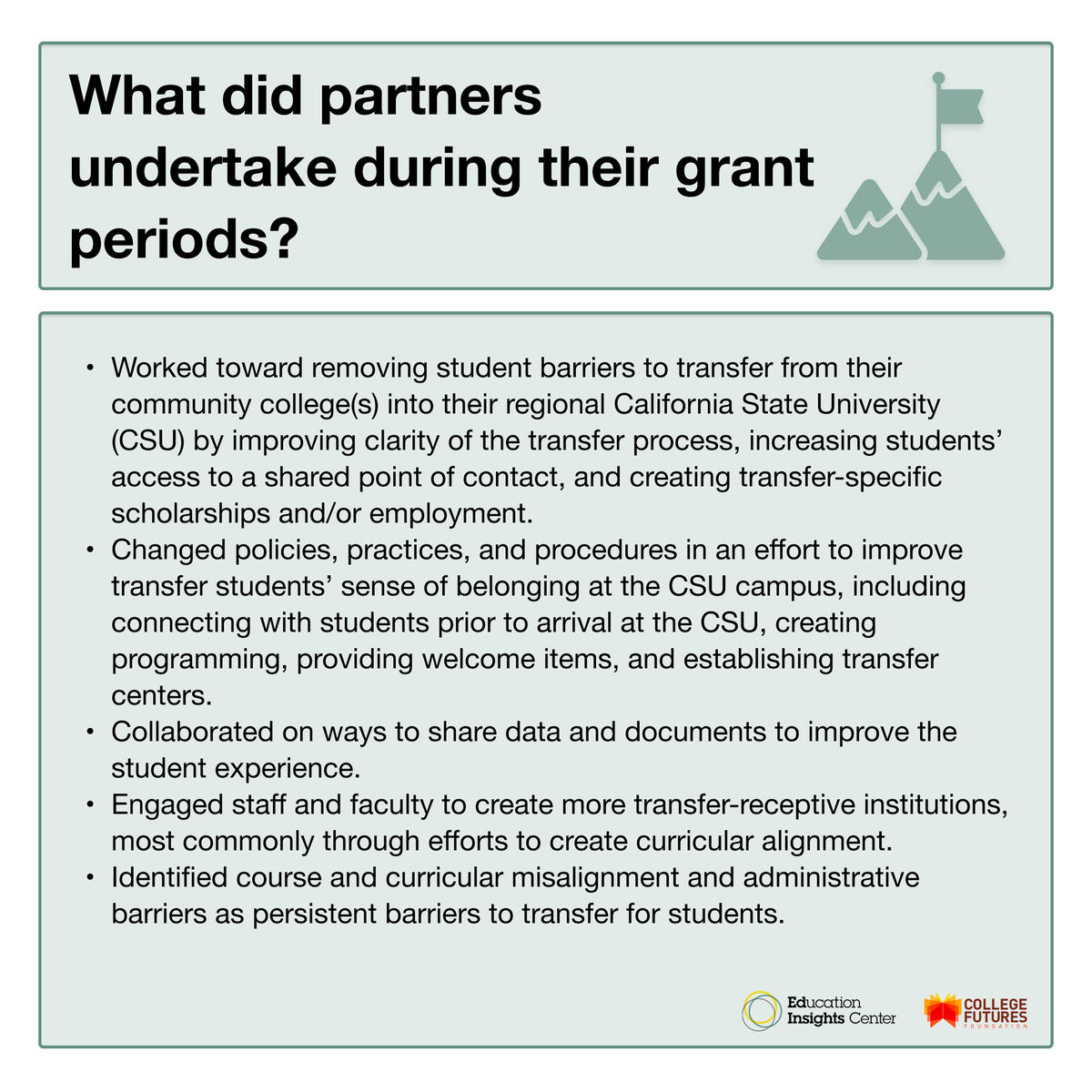 Our latest report shares outcomes from five #collegetransfer partnerships during their @CollegeFutures grant period. In the 'Findings Across Partnerships' section, we report, by research question, the themes that arose across most partnerships. Read here: edinsightscenter.org/collegetransfe…