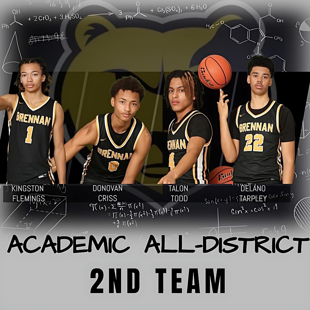 Congrats to our boys that earned Academic All District honors! #BrennanBasketball 1st Team -Camden Cowgill & Amoni Francis 2nd Team - Donovan Criss, Kingston Flemings, Delano Tarpley & Talon Todd