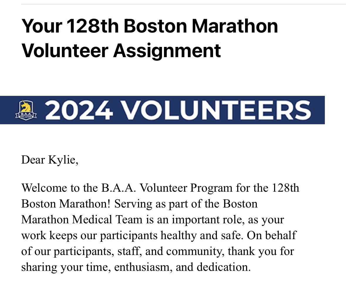 After many years of applying, I was accepted to volunteer as part of the medical team for the <a href="/BAA/">Boston Athletic Association</a> Boston Marathon. This was a goal I set for myself in nursing school a long time ago and it’s finally here 💙💛