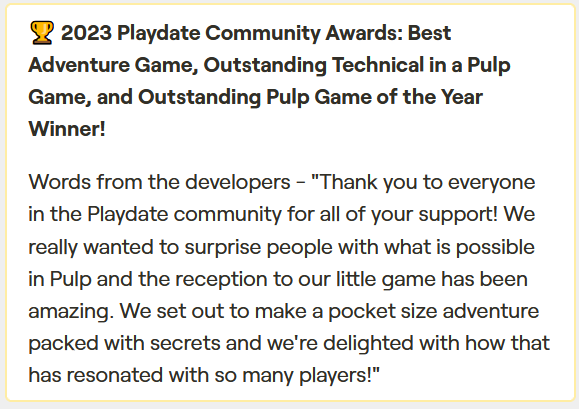 Guv_Bubbs's tweet photo. - Outstanding Pulp Game of the Year
- Outstanding Technical Achievement in a Pulp Game
- Best Adventure Game

Resonant Tale by Orange Thief Ltd @OrangeRKN &amp; @RupertCole 
https://t.co/IqG6ECrsaF https://t.co/zKEF7ukC7r