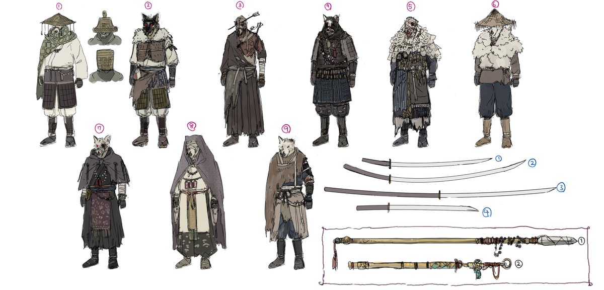 DDDistortionDev's tweet image. Today we&apos;re sharing the designs for our &quot;Inugami&quot; enemies, which were drawn by @131_nngo.

We went through many iterations of the Inugami before landing on the final designs for the swordsman and caster variants.

#nightmareoperator #indiedev #horrorgame #characterdesign