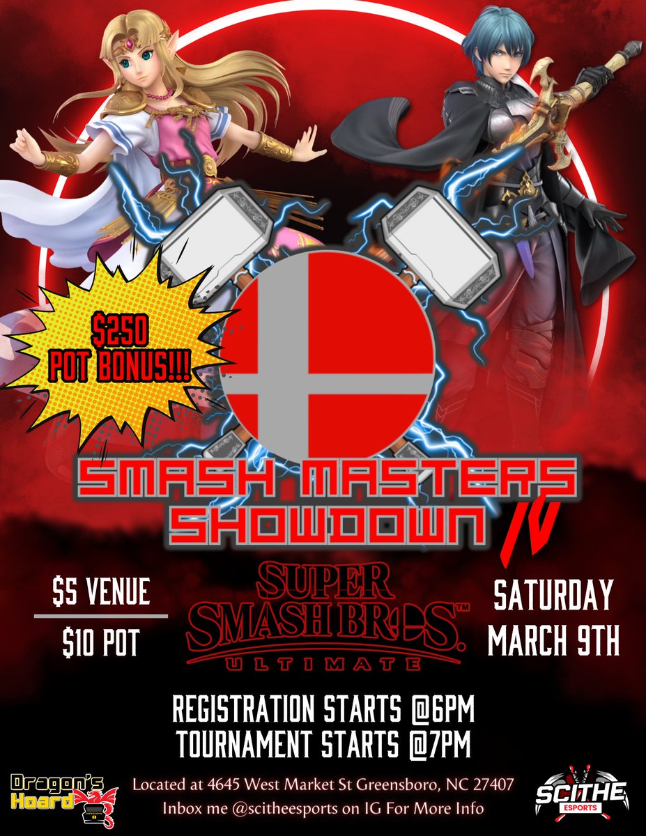 scitheesports's tweet image. TOMORROWS THE DAYYYY

Smash Masters Showdown IV❗️❗️
Super Smash Bros Ultimate💯
Saturday, March 9th
$250 POT BONUS
💥 $5 Venue | $10 Pot
📝 Registration Starts At 6PM
📝 Tournament Starts At 7PM
📍 Located At Scithe Esports NC
👇🏾Register Here👇🏾
start.gg/tournament/sma…