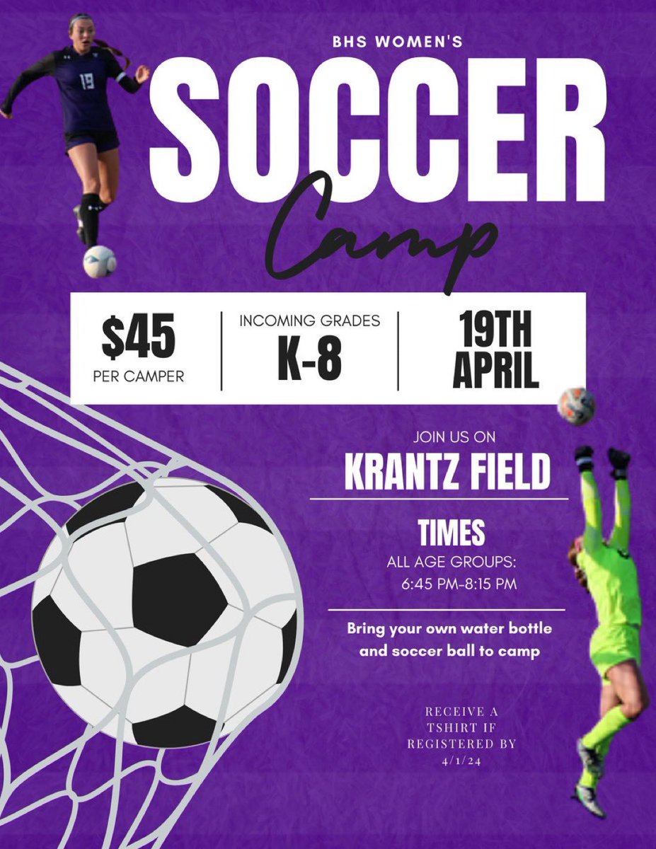 BlairLadyBears's tweet photo. Join our team @ Krantz field Friday, April 19th for our youth soccer camp. Meet the players and take part in some fun drills, contests, &amp; small sided games. 
Sign up using the link below. 
Register by April 1 for a camp shirt.

https://t.co/K8P61SO6bN…

@BHSBlair @BlairSoccer https://t.co/n4cGFIihUO