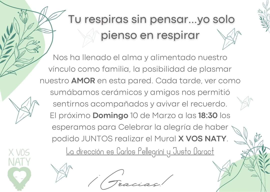 ♥️Este domingo 10/3 Se Inaugura el Mural de XVOSNATYFQ✨️
A 10 de la partida  de Natalia Aglioozo.

♥️Su familia y amigos  la recuerdan con amor y concientizan en la donación de órganos. 

♥️Donar salva vidas !! ♥️