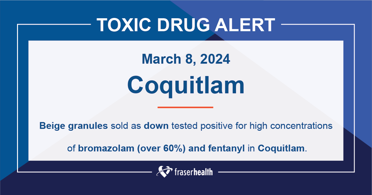 DRUG ALERT for Coquitlam: Beige granules sold as down tested positive for high concentrations of bromazolam (over 60%) and fentanyl. Learn more: fraserhealth.ca/ODalerts & download the Lifeguard app: lifeguarddh.com