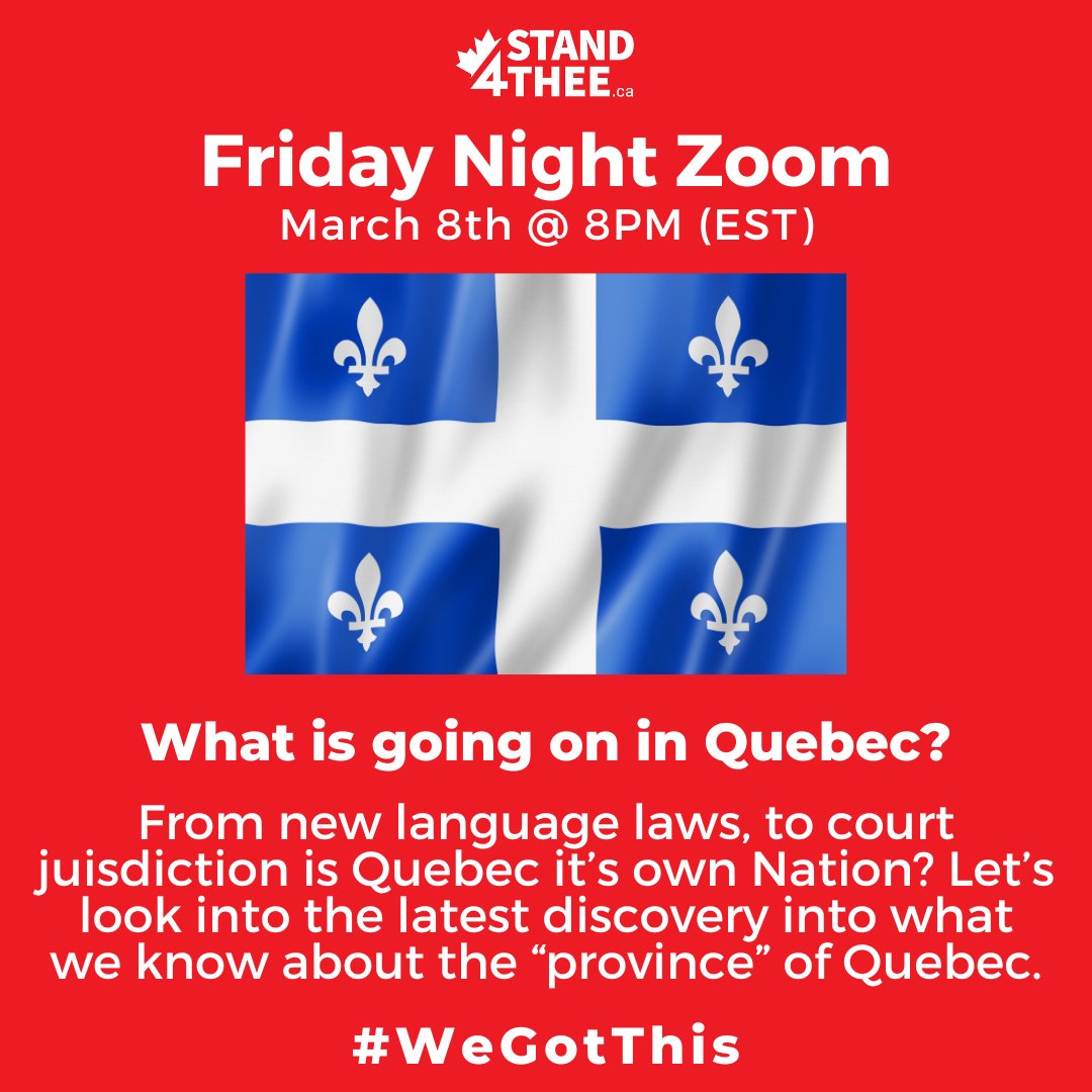 Stand4Thee's tweet photo. ๐ฅSTAND4THEE FRIDAY NIGHT ZOOM @ 8PM (EST)๐ฅ
The Quiet Separation of Quebec? Join us tonight to get the scoop!
WATCH ON RUMBLE HERE: https://t.co/GT1K0Qv83k
Zoom Link: https://t.co/VXSiqlwzbm
#stand4thee
#quebecnation
#fridaynightzoom
#wegotthis https://t.co/n6t6wf6kZC