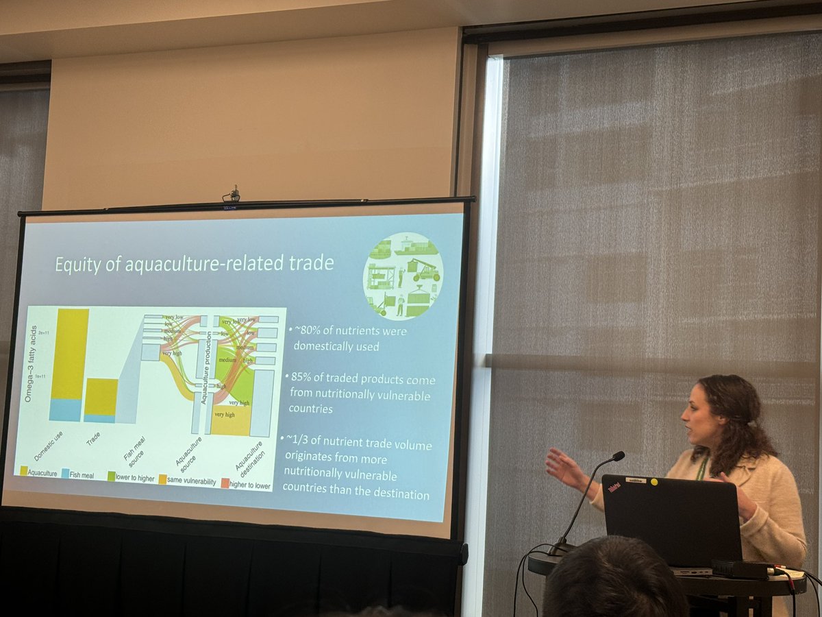 Great presentation by @jagephart at the WFC. We found most nutrients from aquaculture are retained in their country of origin and can support nutrition. But, when aquaculture is traded, their nutrients go to countries less nutritionally vulnerable, perpetuating inequity.