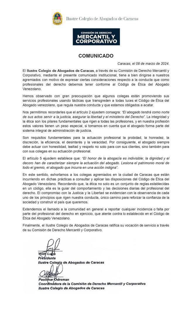 COMUNICADO OFICIAL

Se exhorta a los abogados, en especial a nuestros agremiados a mantener una conducta conforme al Código de Ética del Abogado venezolano.

Caracas, 08 de marzo de 2024