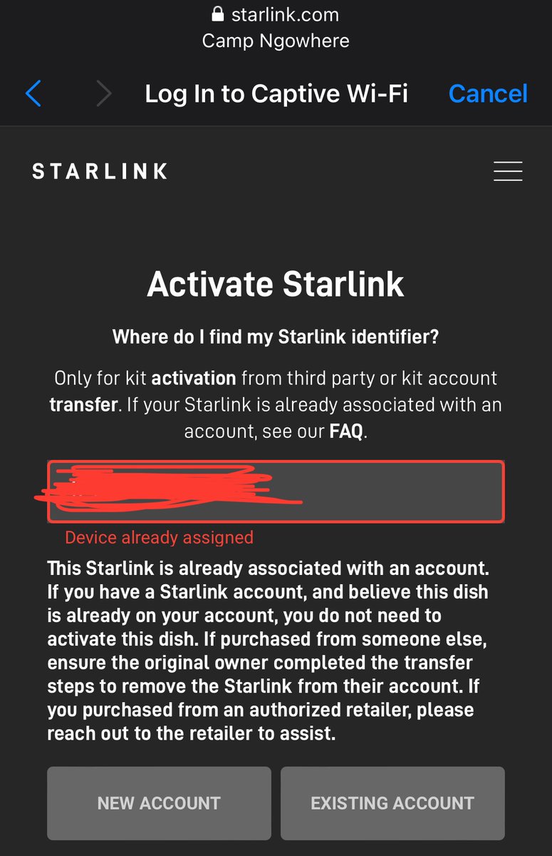benhorst's tweet photo. @Starlink I walked out of Home Depot with a brand new kit and it says registered already. But I can’t submit a support ticket without an account. And I can’t get an account without a device! Can someone reach out? https://t.co/62GHtZZRBI
