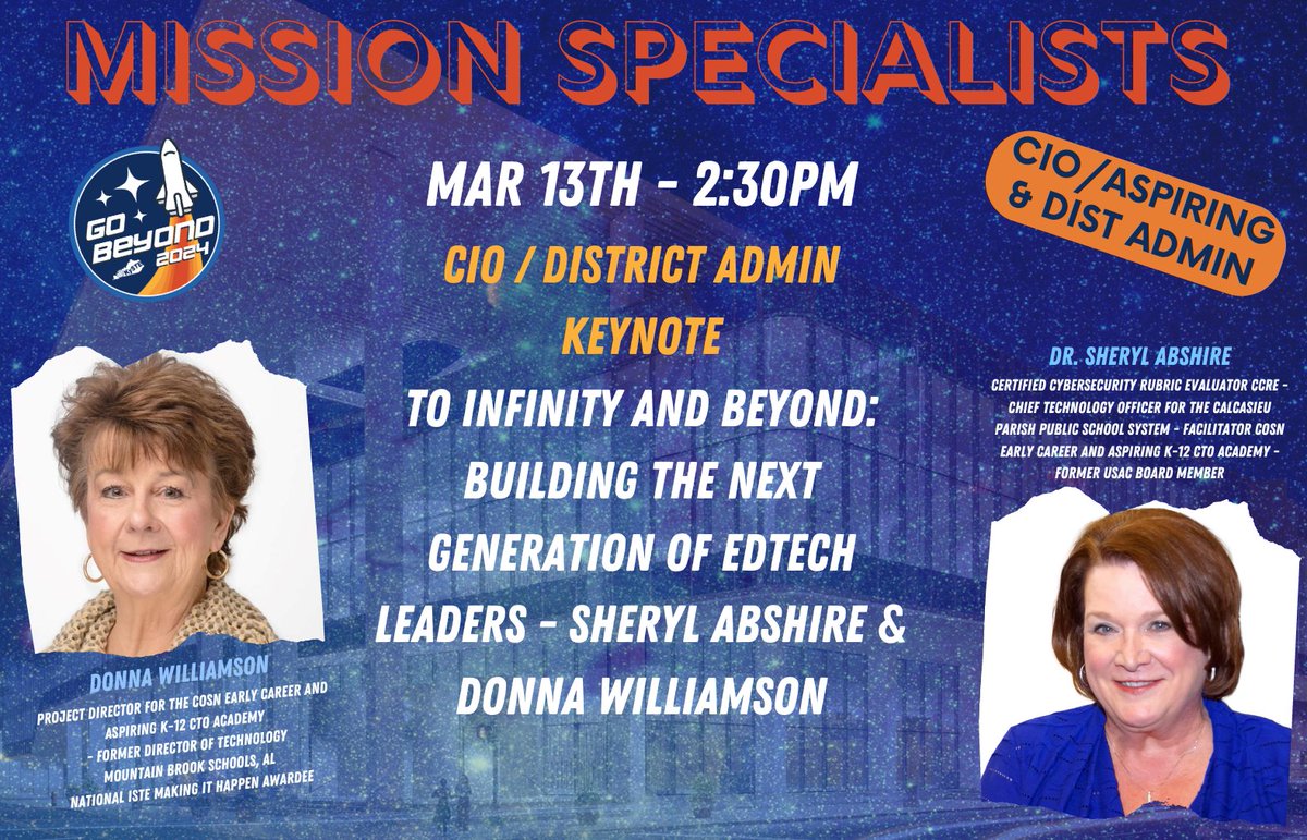 District Admin, EdTech Leaders, or Aspiring CIOs do not miss this dynamic & energetic Keynote opening of #KySTE24 w/ Mission Specialists Donna Williamson & Dr. Sheryl Abshire! To Infinity and Beyond: Building the Next Generation of EdTech Leaders! Wed. 2:30PM - KySTE Theater M112