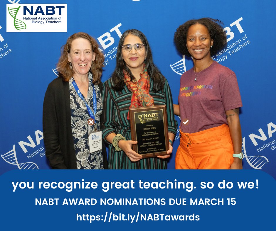Nominate a great biology teacher for an NABT Award today. Recognize teachers for expertise in specific subject areas, for contributions to the profession, or for service and leadership in learning communities like NABT. Nominations due March 15th at bit.ly/NABTawards
