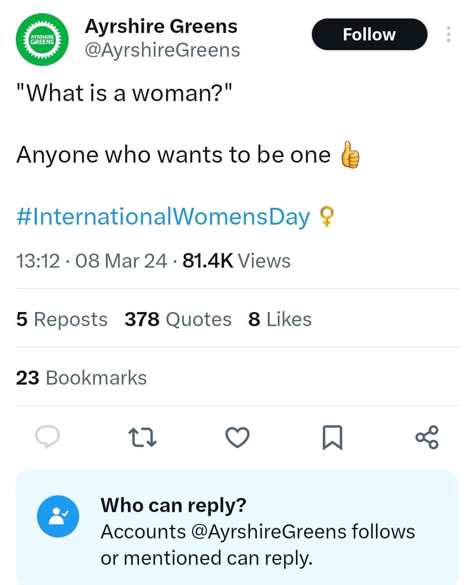 ShahrarAli's tweet photo. Kind of lunacy that passes for Green politics north of border. An insult to our intelligence, assault on very basis of shared linguistic practice which relies on agreed definitions, &amp; undermining of women's material existence. Bullocks that should be called out every time. #IWD https://t.co/y4d9ep9P5I