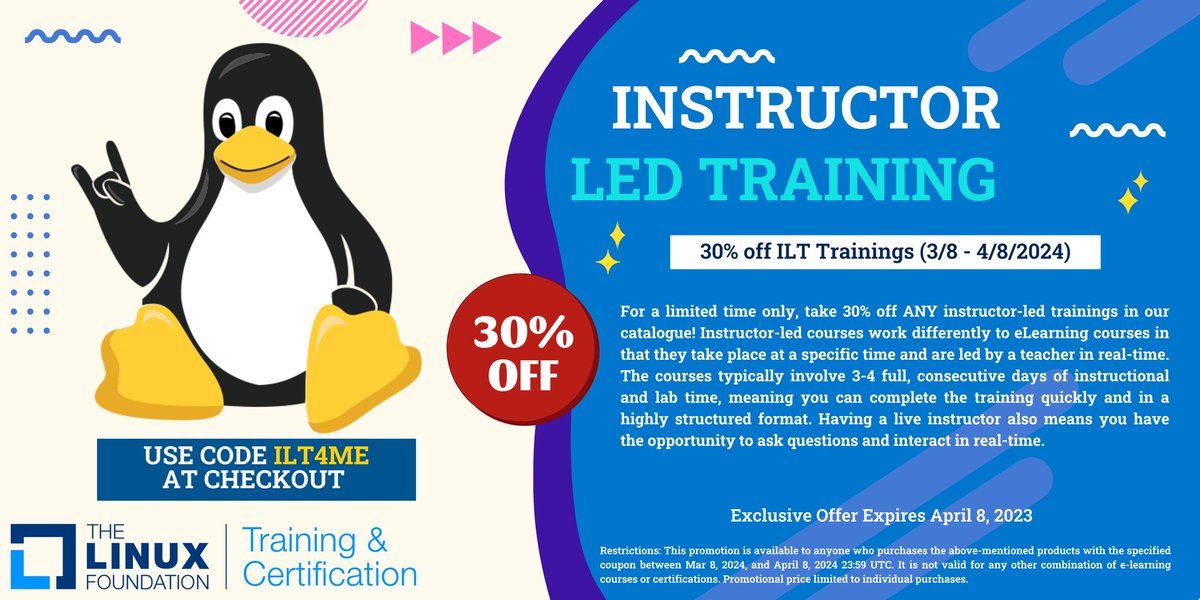 Looking to master multiple technical skills? The Linux Foundation is offering 30% off their top-notch instructor-led courses.

👉 Link to claim offer: lnkd.in/gfhv3vKV

👉  Use code ILT4ME

#linux #linuxfoundation #kubernetes #Sysadmin #docker #artificialintelligence