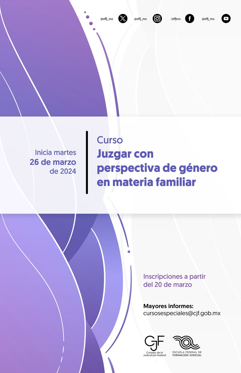 ENFJ_mx's tweet photo. Invitamos a personal jurisdiccional del #PJF al curso:

🟣 Juzgar con #PerspectivadeGénero en materia familiar

Convocatoria: https://t.co/hmypssalzW

Inscripciones desde el 20 de marzo en: https://t.co/UdhnG6JDhY https://t.co/ne3gQoP0WD