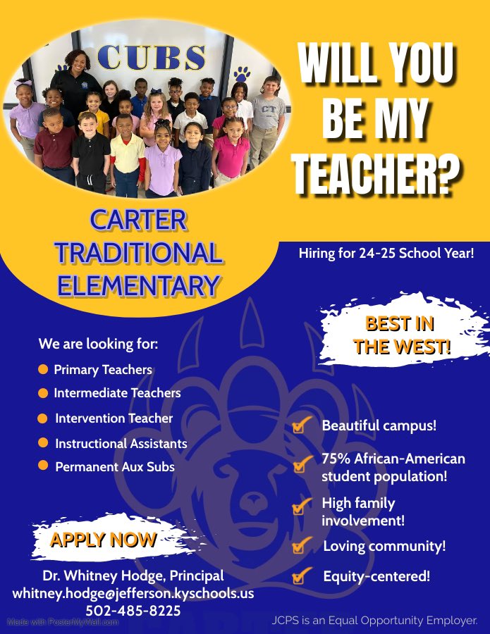 We are looking for culturally responsive teachers to join our team! 2 positions close Monday and Tuesday! Apply now! 
Click the link for more info about the Best in the West! <a href="/JCPSAsstSuptES/">Dr. LaMesa Marks-Johns</a> <a href="/JCPSDEP1/">JCPS Diversity, Equity, and Poverty Department</a> 

youtu.be/MALN05oregE?fe…