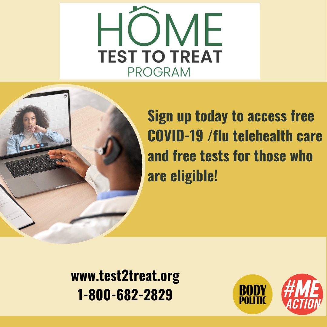 🧵1/8 Body Politic as a new program of <a href="/MEActNet/">#MEAction Network</a> is collaborating with Home Test To Treat to share the news about their fully HIPAA compliant (national) free public health pilot program providing free Covid and flu tests, telehealth, and treatment via test2treat.org.
