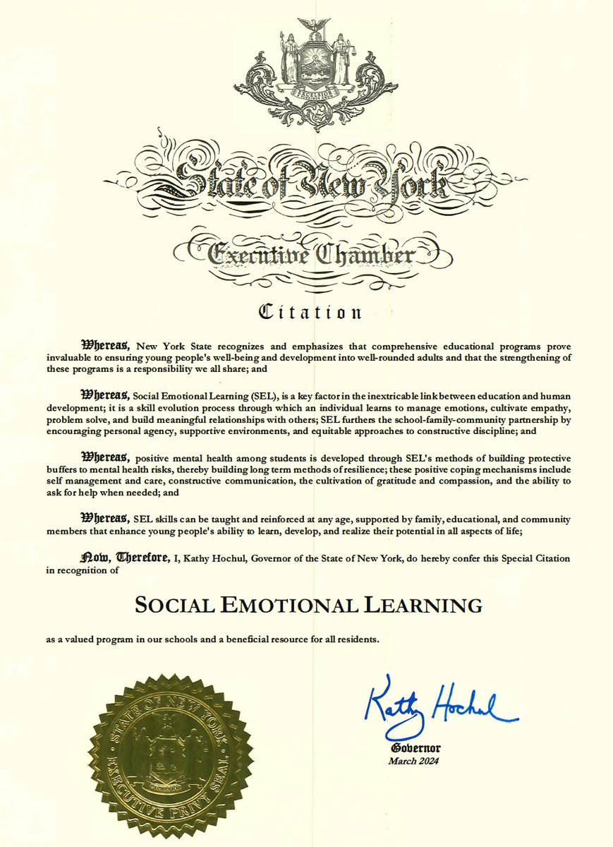 One more thing to celebrate on #SELday. NYS shows their commitment to #SEL. Thank you @GovKathyHochul for your support. It was an honor to present at your conference last year. By the way, we (@yaleemotion & @rulerapproach) are working with over 500 schools and districts across…