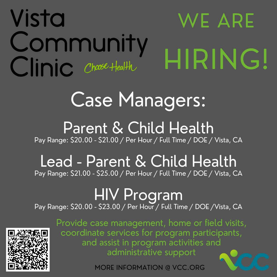 Join our team. Vista Community Clinic is hiring! Click on the link below to see all our open positions and apply today! …https://careerportaln-vistacommunityclinic.icims.comVista Community Clinic is an Equal Opportunity Employer. #VCC #ChooseHealth #HiringNow #HealthcareCareers