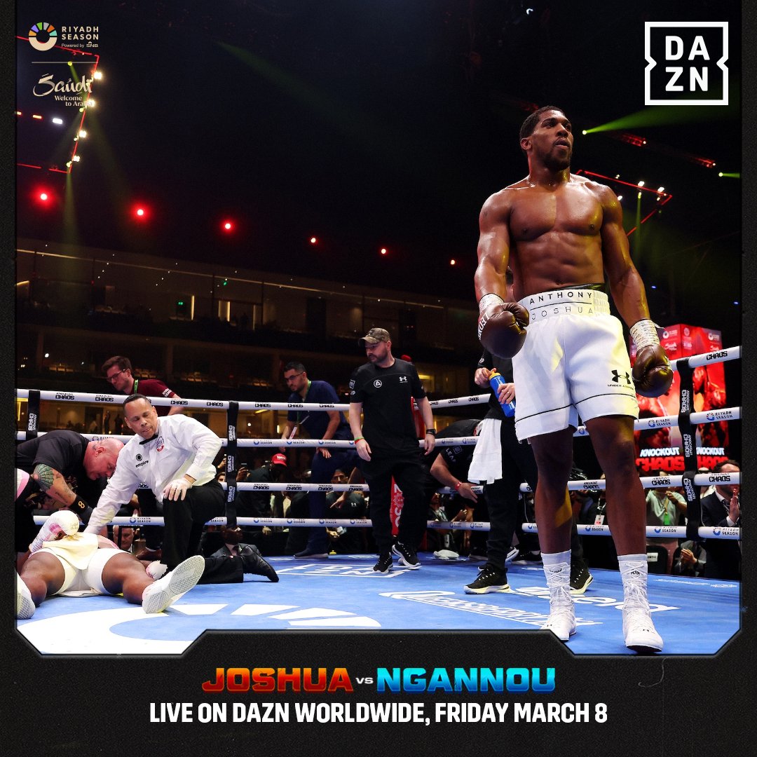 DAZNBoxing's tweet image. That's all she wrote 💥

#JoshuaNgannou, live now worldwide on DAZN. Buy 𝗡𝗢𝗪 at DAZN.com

#KnockoutChaos | #RiyadhSeason