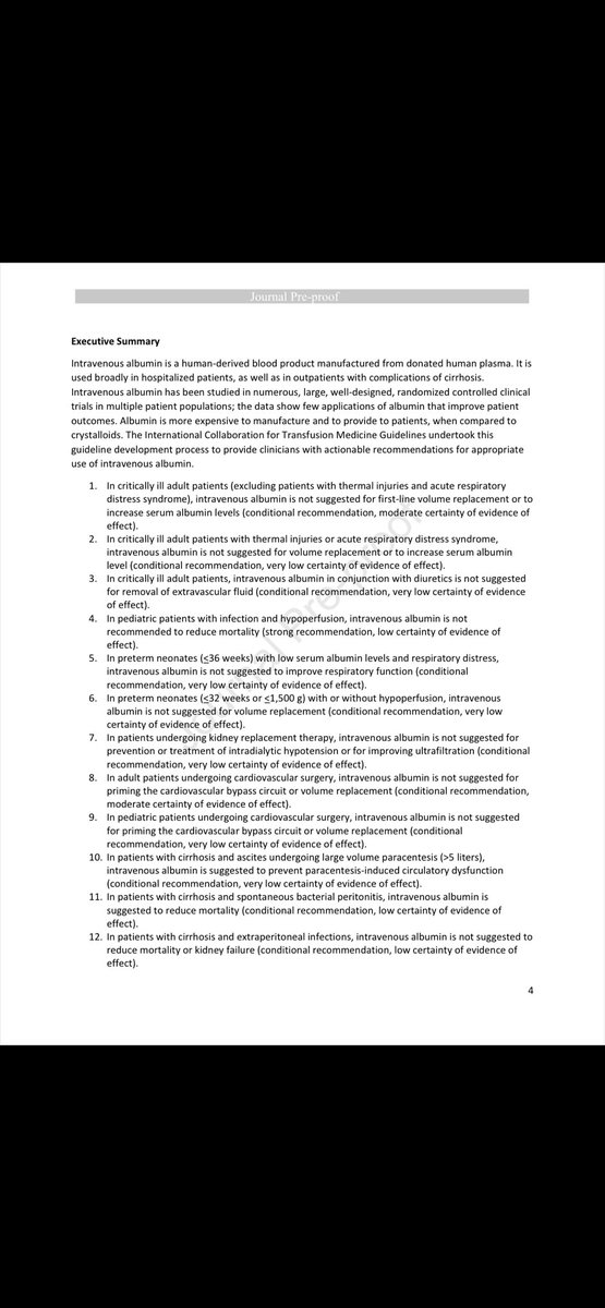 🚫14’🧑🏻‍🦯 #Recomendaciones sobre el Uso de #Albúmina Intravenosa ✅.
                          👇🏼🙂‍↕️👇🏼
1️⃣ Adultos críticamente enfermos (sin lesiones térmicas/SDR): No se sugiere albúmina intravenosa para reemplazo de volumen o aumentar niveles séricos de albúmina 🚫💧.

2️⃣ Con
