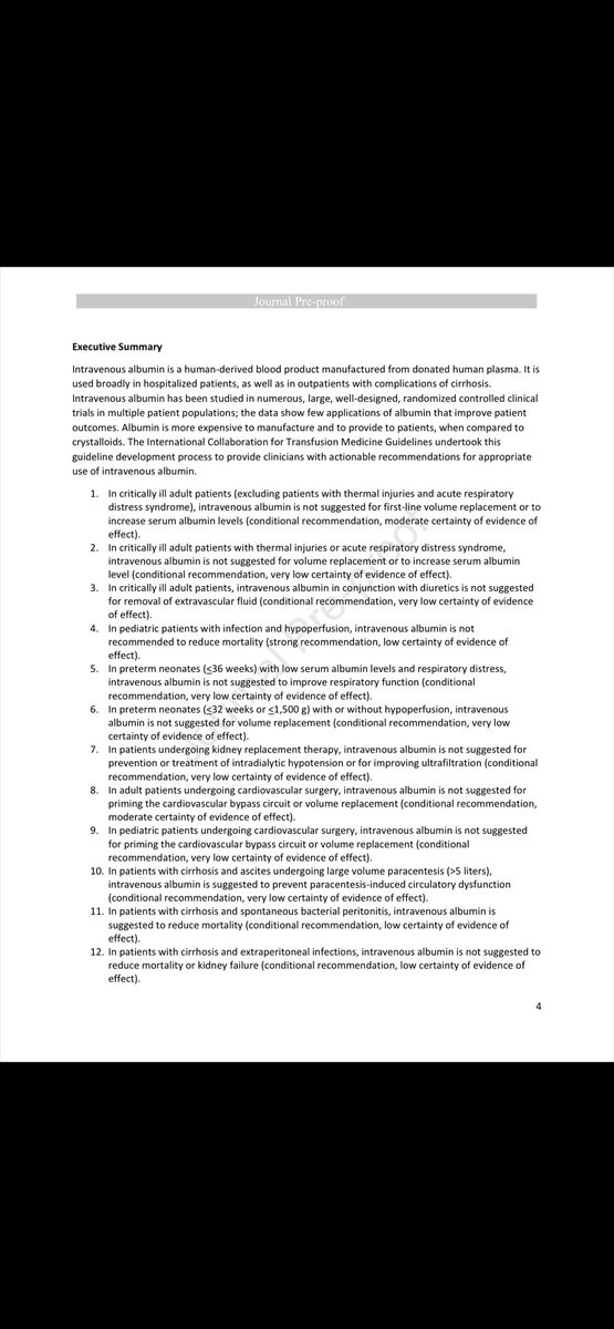 🚫14’🧑🏻‍🦯 #Recomendaciones sobre el Uso de #Albúmina Intravenosa ✅. 👇🏼🙂‍↕️👇🏼 1️⃣ Adultos críticamente enfermos (sin lesiones térmicas/SDR): No se sugiere albúmina intravenosa para reemplazo de volumen o aumentar niveles séricos de albúmina 🚫💧. 2️⃣ Con…
