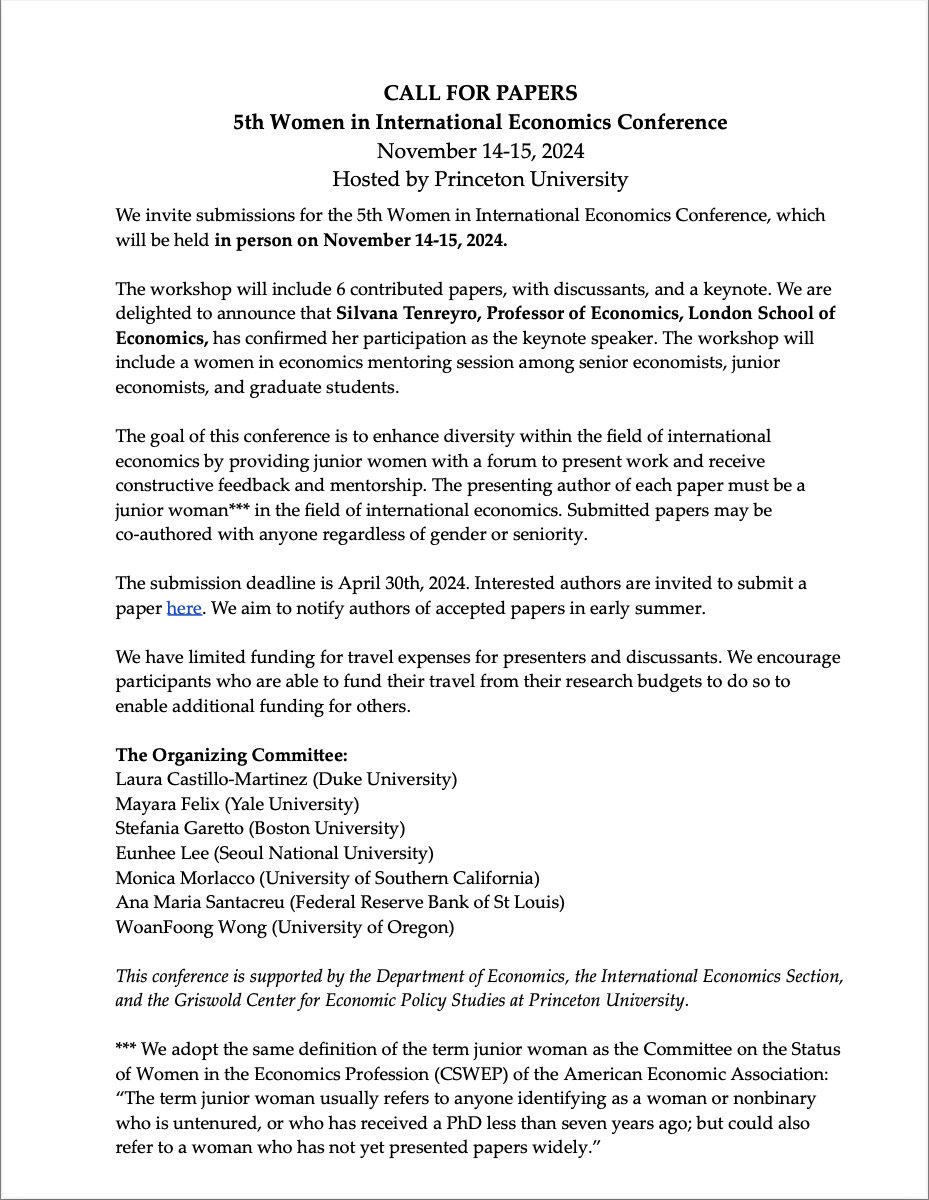 Laura Castillo-Martinez (@lcastillomart) on Twitter photo āļøCall for the 5th Women in International Economics conference is out! Hosted by @IESPrinceton Nov 14-15, 2024, Deadline: Apr 30. Submit a paper to join two days of research and mentorship!
Co-organizers: <a href="/mayara_pfs/">Mayara Felix</a> <a href="/StefaniaGaretto/">Stefania Garetto</a> <a href="/mmorl89/">Monica Morlacco</a> <a href="/AmSantacreu/">Ana Maria Santacreu</a> <a href="/WoanFoongWong/">Woan Foong Wong</a> āļøCall for the 5th Women in International Economics conference is out! Hosted by @IESPrinceton Nov 14-15, 2024, Deadline: Apr 30. Submit a paper to join two days of research and mentorship!
Co-organizers: <a href="/mayara_pfs/">Mayara Felix</a> <a href="/StefaniaGaretto/">Stefania Garetto</a> <a href="/mmorl89/">Monica Morlacco</a> <a href="/AmSantacreu/">Ana Maria Santacreu</a> <a href="/WoanFoongWong/">Woan Foong Wong</a>